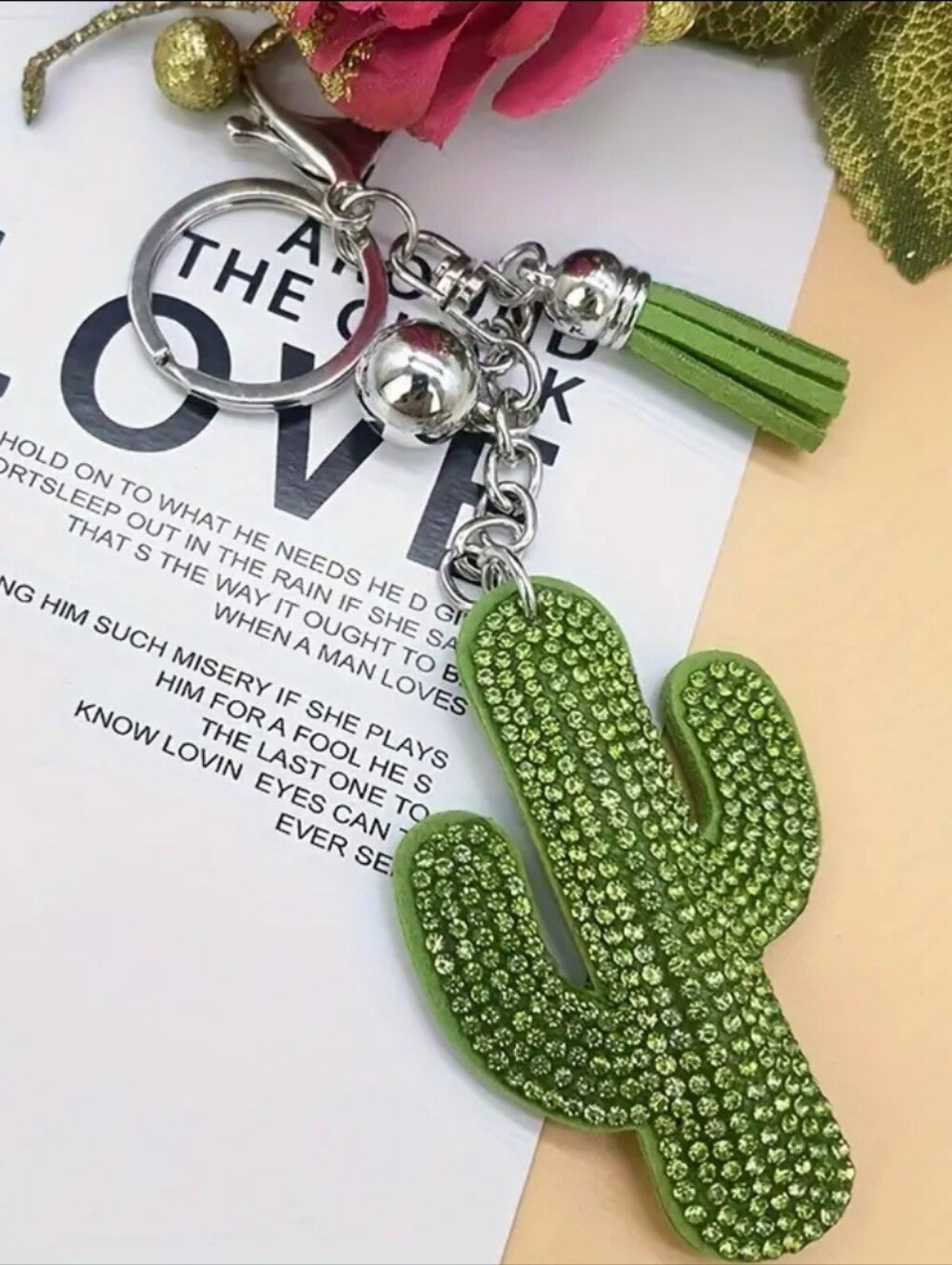 Western Cactus Crystal Rhinestone Keychain Bag Charm With Green Tassel